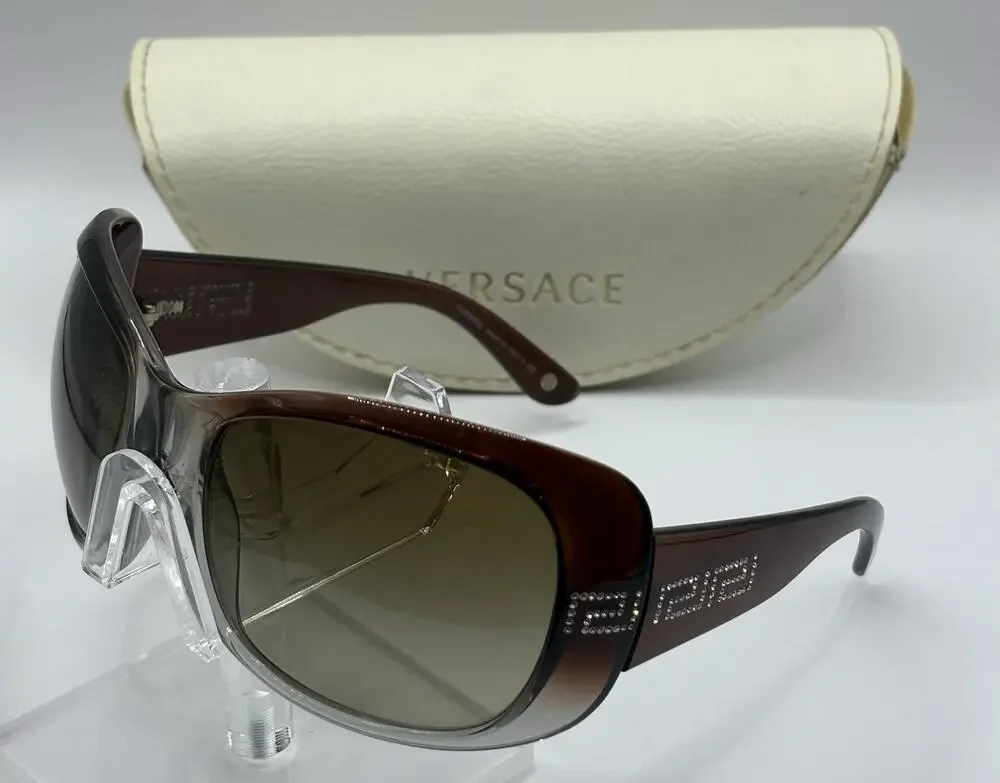 Versace Shield Sunglasses Rhinestone Logo Brown Gradient Italy 61 18